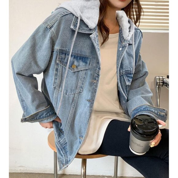 Women's Oversized Denim Jacket Hooded Distressed Cotton Polyester Casual - Picture 4 of 5
